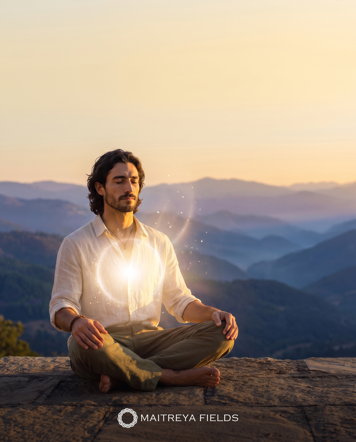 Man meditating at sunrise in the mountains with a golden light field