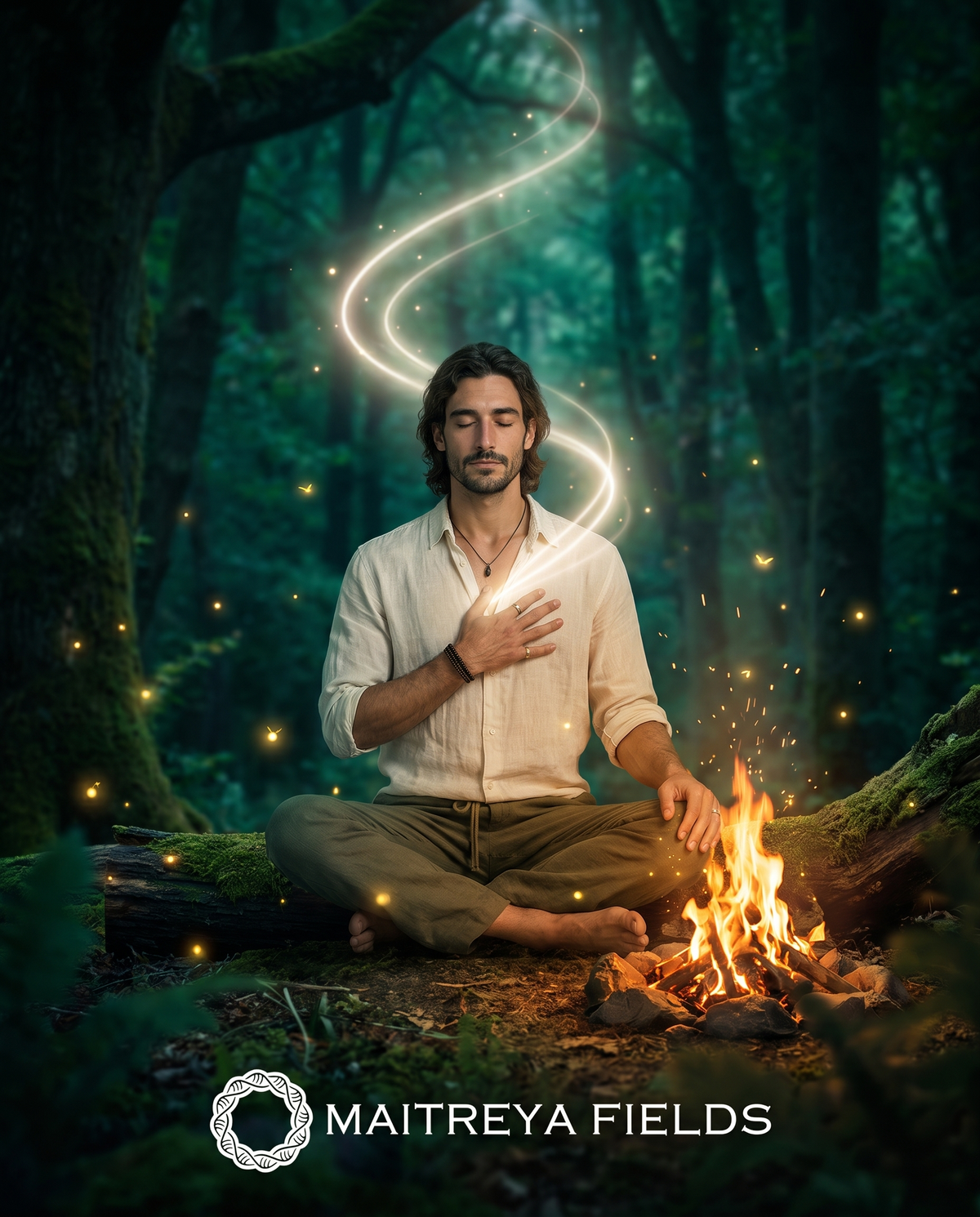 Shamanic inner journey by a ritual fire in the forest