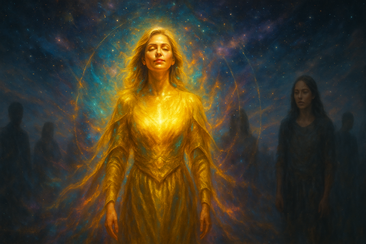 a woman radiating with joy while people envy behind her.png