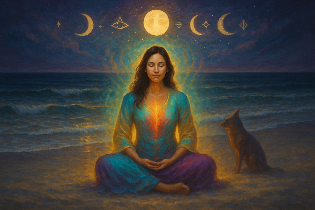 meditating woman attuned to natural cycles waves of the ocean