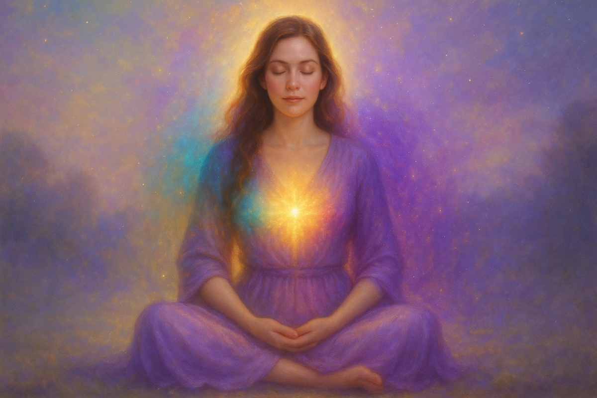 peaceful woman meditating with inner light and glowing aura