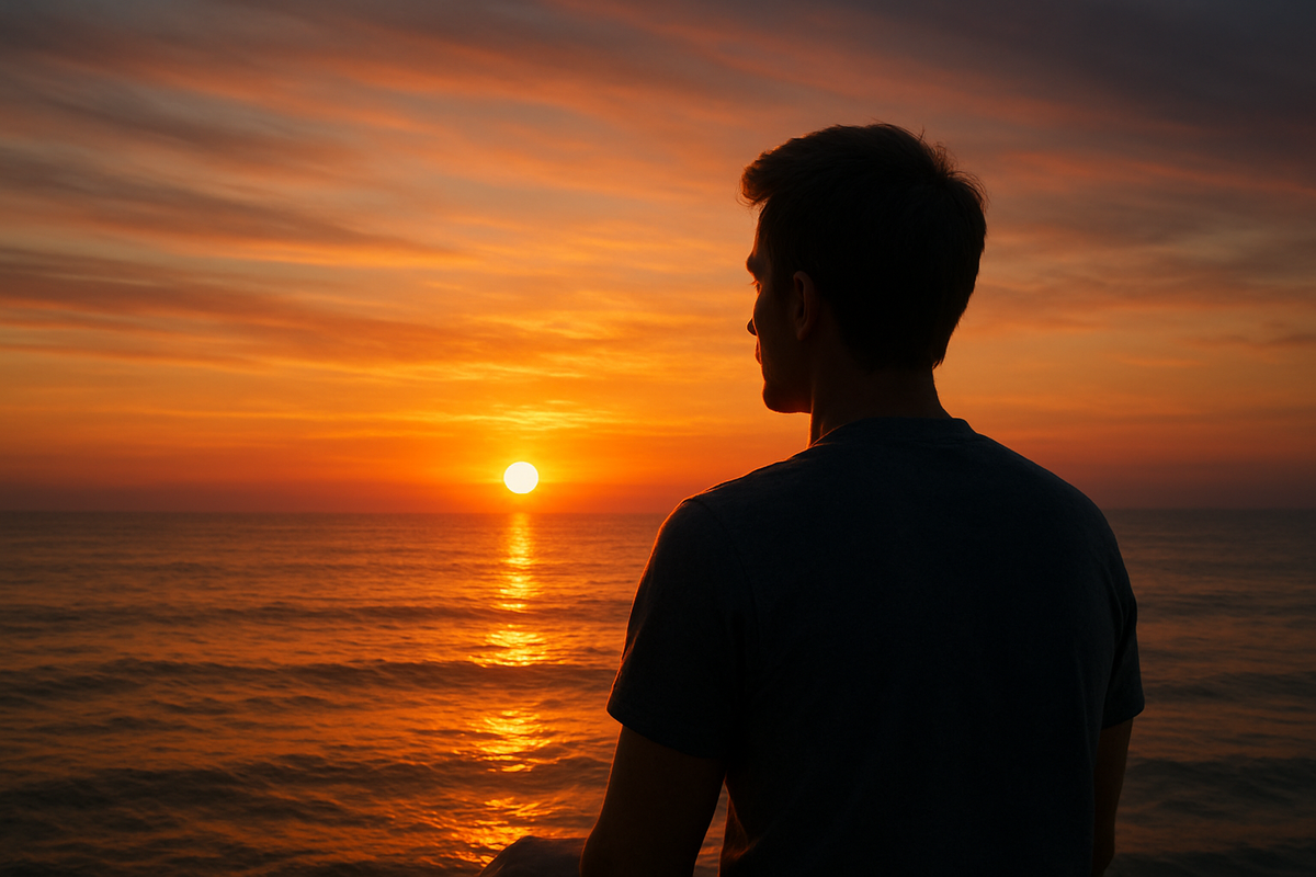 person enjoying sunset in calm reflective moment