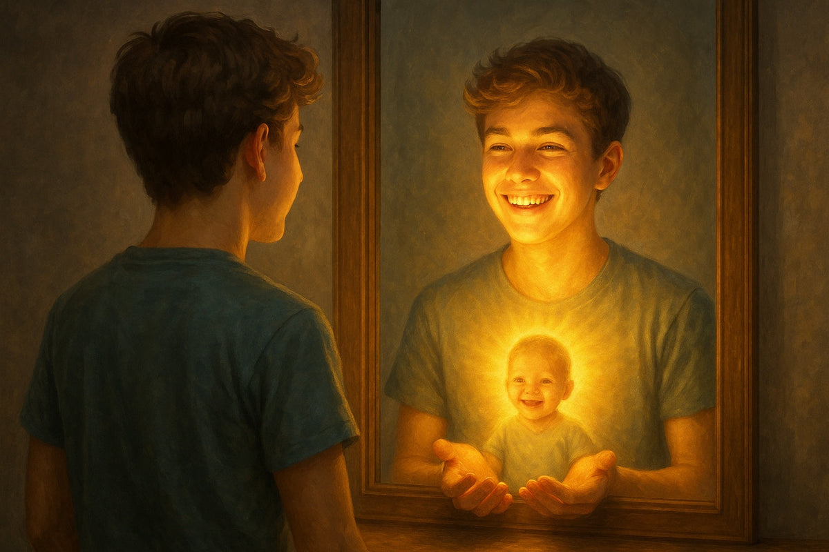 teen looking in mirror reflecting on self-image inner child