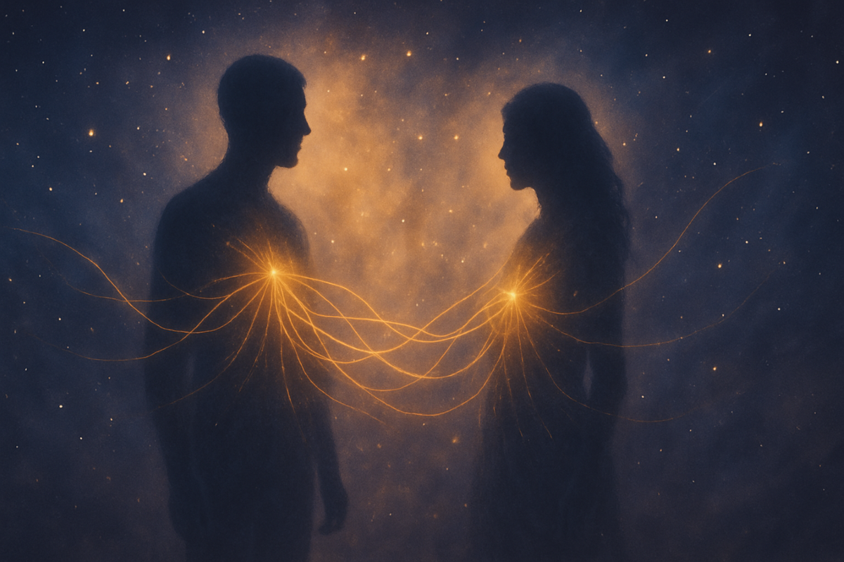 Two souls connected by glowing karmic threads across time and space, symbolising spiritual contracts and transformation.