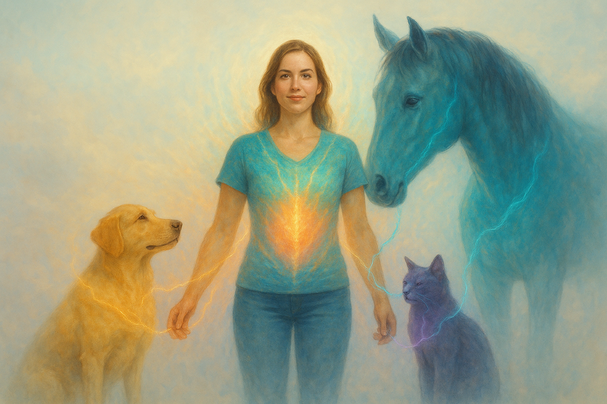woman surrounded by animals dog cat horse.png
