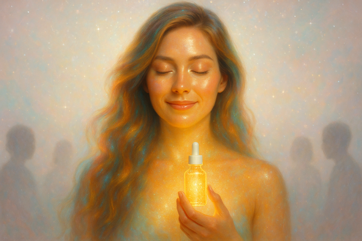 woman with glowing skin holding glowing serum