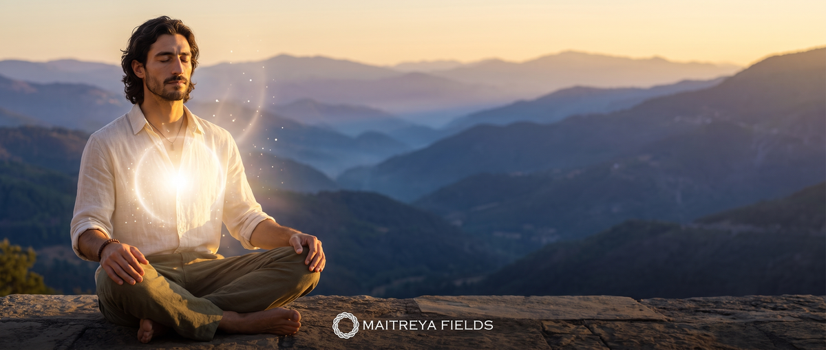 Man meditating at sunrise in the mountains with a golden light field